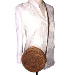 Straw Studios Bag Woven Circle Crossbody Shoulder Wicker Summer Beach Handmade